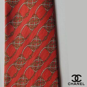 CHANEL Men's Vintage Tie 100% Silk Made in Italy Red with Knot pattern